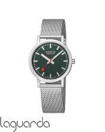 A660.30314.60SBJ | Mondaine Classic Acero mate, 36mm, malla milanesa y esfera verde oscuro