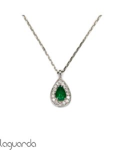 White gold pendant with 18K chain with emerald and natural diamond